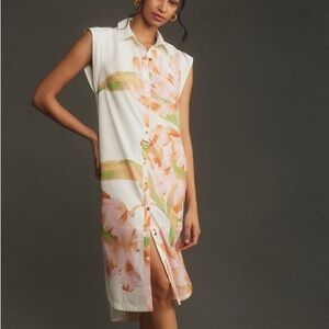 Anthropologie Maeve Cap-Sleeve Floral Button-Front Midi Dress